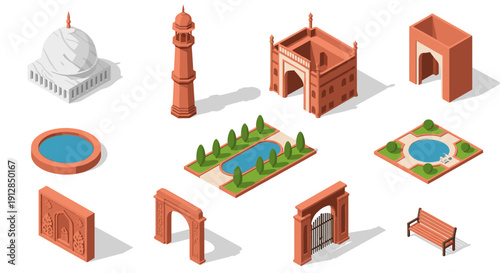 Isometric architecture set: landmarks and structures in 3d design