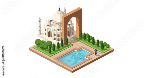 Isometric architectural landmark with garden path and reflecting pool