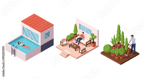 Isometric home activities: swimming, relaxing, and gardening