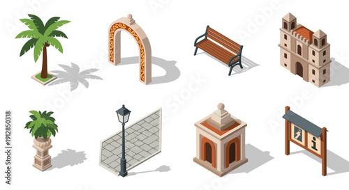 Isometric urban elements: palm, bench, arch, lamp, paving, building, kiosk, sign
