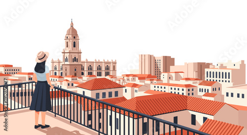 Woman admiring cityscape with historical architecture under clear sky