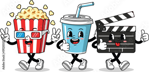 Cute movie theater cartoon characters set featuring popcorn with 3D glasses, soda cup, and film clapperboard for cinema and entertainment,