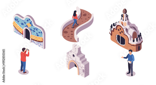 Isometric barcelona landmarks: park, sagrada família, and gothic style illustrations