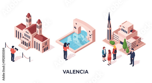 Valencia attractions: isometric art of popular tourist destinations