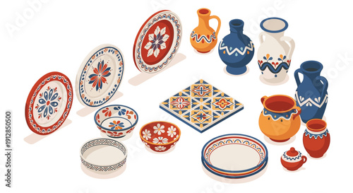 Traditional ceramics collection with intricate floral patterns and vivid colors