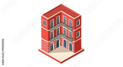 Charming isometric view of a red building with balconies and windows