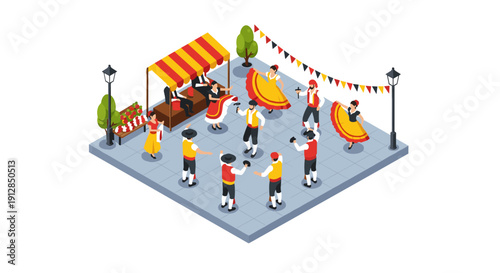 Isometric street festival: traditional music and dance scene in vibrant plaza setting