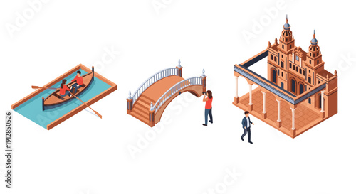 Isometric cityscape with rowboat, bridge, and historic building