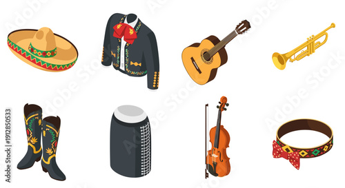 Traditional mexican music and dance elements in isometric style