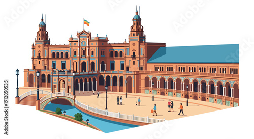 Colorful isometric landmark architecture with people walking in historical plaza
