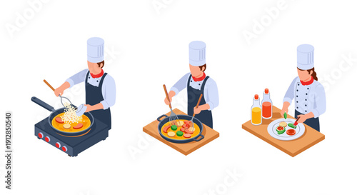 Chef preparing dishes in isometric style with cooking ingredients and utensils