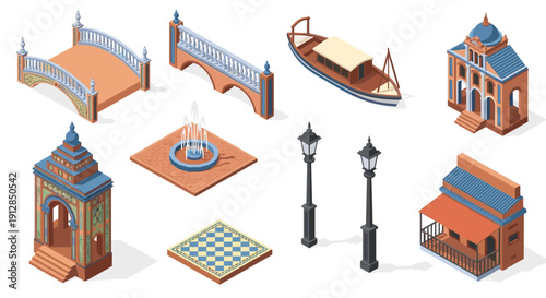 Isometric southern european architecture elements with bridges and vintage street lamps