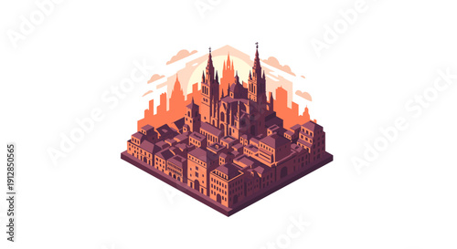 Isometric medieval cityscape with gothic cathedral and historic buildings