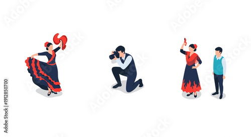 Isometric spanish dance scene with flamenco dancers and photographer