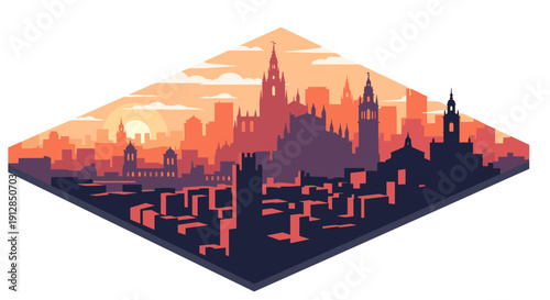 Isometric cityscape at sunset with urban silhouette and dramatic sky