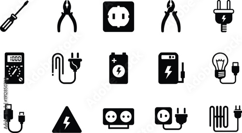 Electrical service icon collection featuring screwdriver, pliers, power outlet, battery, lightbulb, voltage meter, and electric plug silhouettes on white background.