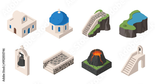 Isometric greek island architecture and natural landmarks collection