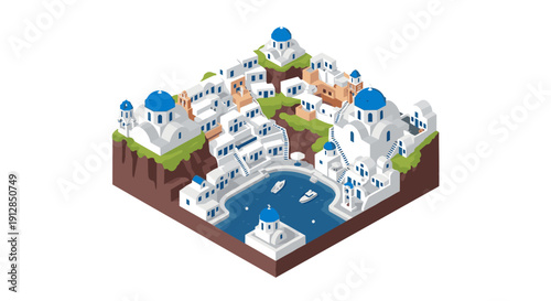 Isometric greek village with blue domes and white buildings on cliffside