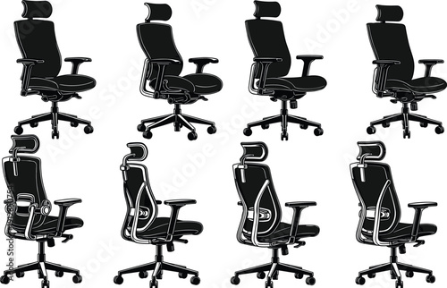 Ergonomic office chair vector set featuring adjustable swivel desk chairs with headrests and lumbar support for modern workspace interior design,