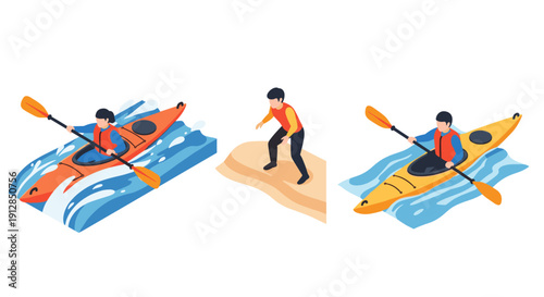 Isometric kayaking and beach adventure with paddling water sports enthusiast