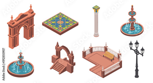 Isometric urban park elements featuring fountains, benches, and arches