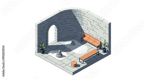 Isometric minimalist zen garden room with modern furniture and stone pathway