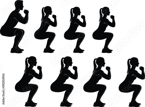 Fitness silhouettes set featuring muscular male bodybuilders lifting barbells and men and women performing bodyweight squats for gym training and bodybuilding,