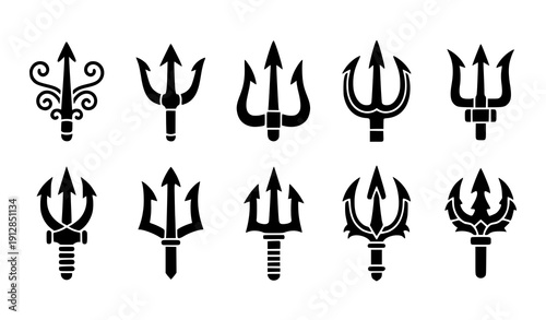 Decorative trident icon set vector black Neptune fantasy symbols isolated on transparent background