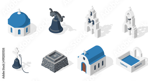 Isometric set of iconic greek architecture: churches, bell towers, and monuments