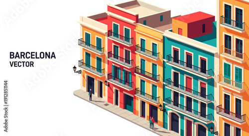 Colorful isometric cityscape of barcelona with vibrant buildings and balconies