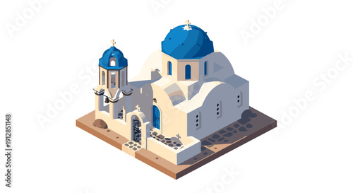 Greek island church with blue domes in isometric style