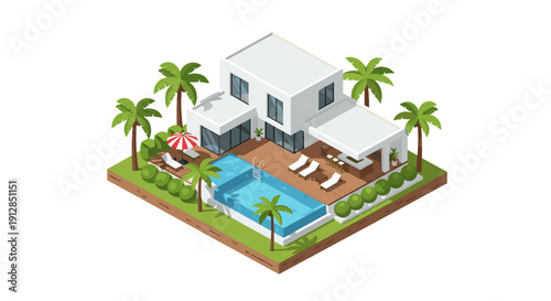 Modern isometric house with pool and palm trees in minimalist style