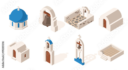 Traditional greek orthodox churches isometric architecture set: bell towers and blue domes