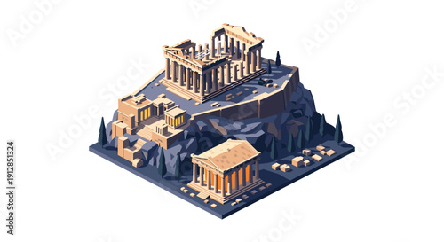 Ancient greek architecture in isometric style with parthenon and temple on rocky hilltop