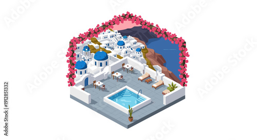Isometric santorini landscape with blue domes and pink bougainvillea