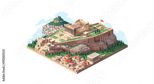 Isometric ancient cityscape with historic landmarks and greenery
