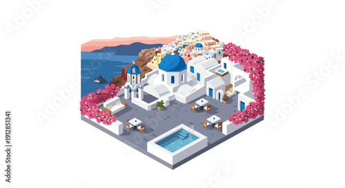 Isometric greek island scene with white buildings and blue domes