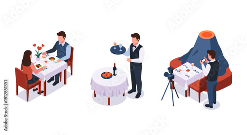 Romantic couples dining with professional photography in isometric style