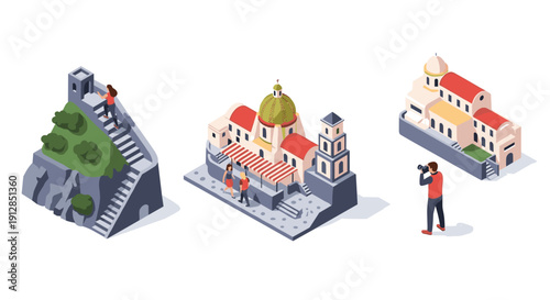 Charming mediterranean cities: isometric architectural designs and landmarks
