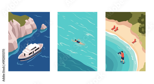 Coastal adventures: boat, swimmer, and photographer at scenic shores in modern flat design