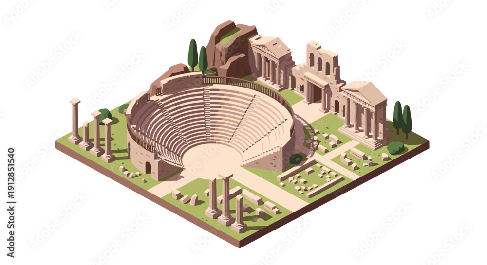 Naklejka premium Ancient theatre and ruins in isometric style with historical architecture