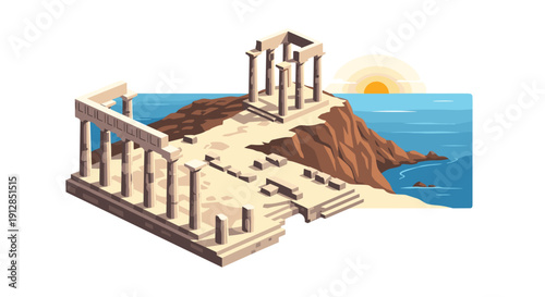 Ancient greek ruins overlooking the sea at sunset in isometric design
