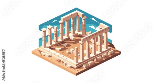 Isometric ancient ruins with greek columns and blue skies