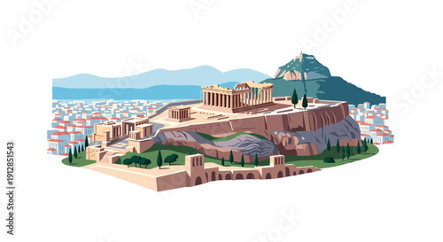Ancient greek parthenon with cityscape and mountain