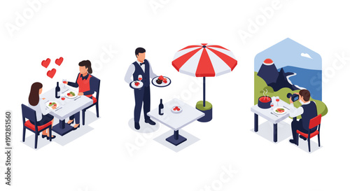 Isometric restaurant scene with couples dining and scenic view