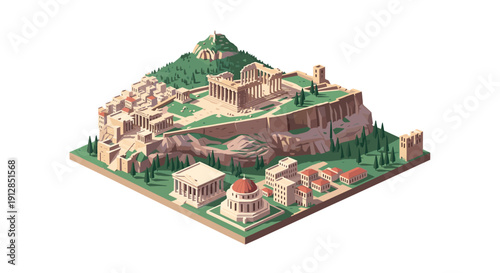 Isometric ancient greek cityscape with iconic landmarks and architecture