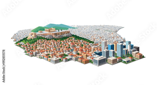 Isometric urban cityscape of athens with iconic landmarks and modern buildings