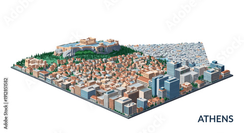 Isometric cityscape of athens with acropolis and modern buildings