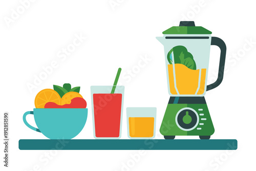 Blender full of green smoothie ingredients sits beside fresh fruit.