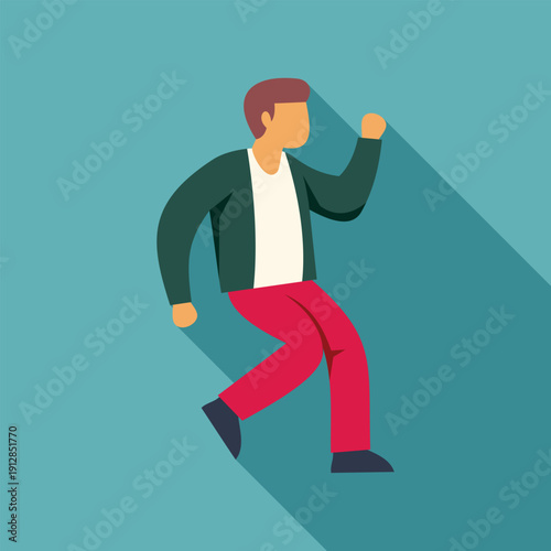 Man dancing, expressing joy and freedom on a blue background with flat design and long shadow